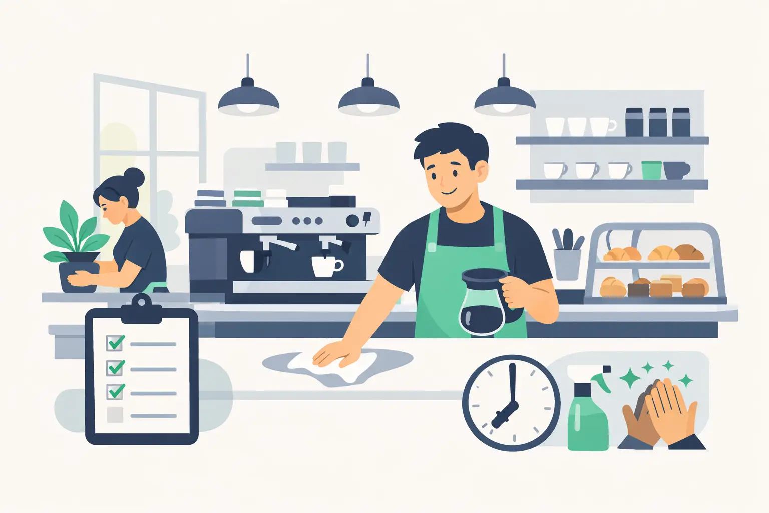 Cafe staff reviewing opening duties before morning service