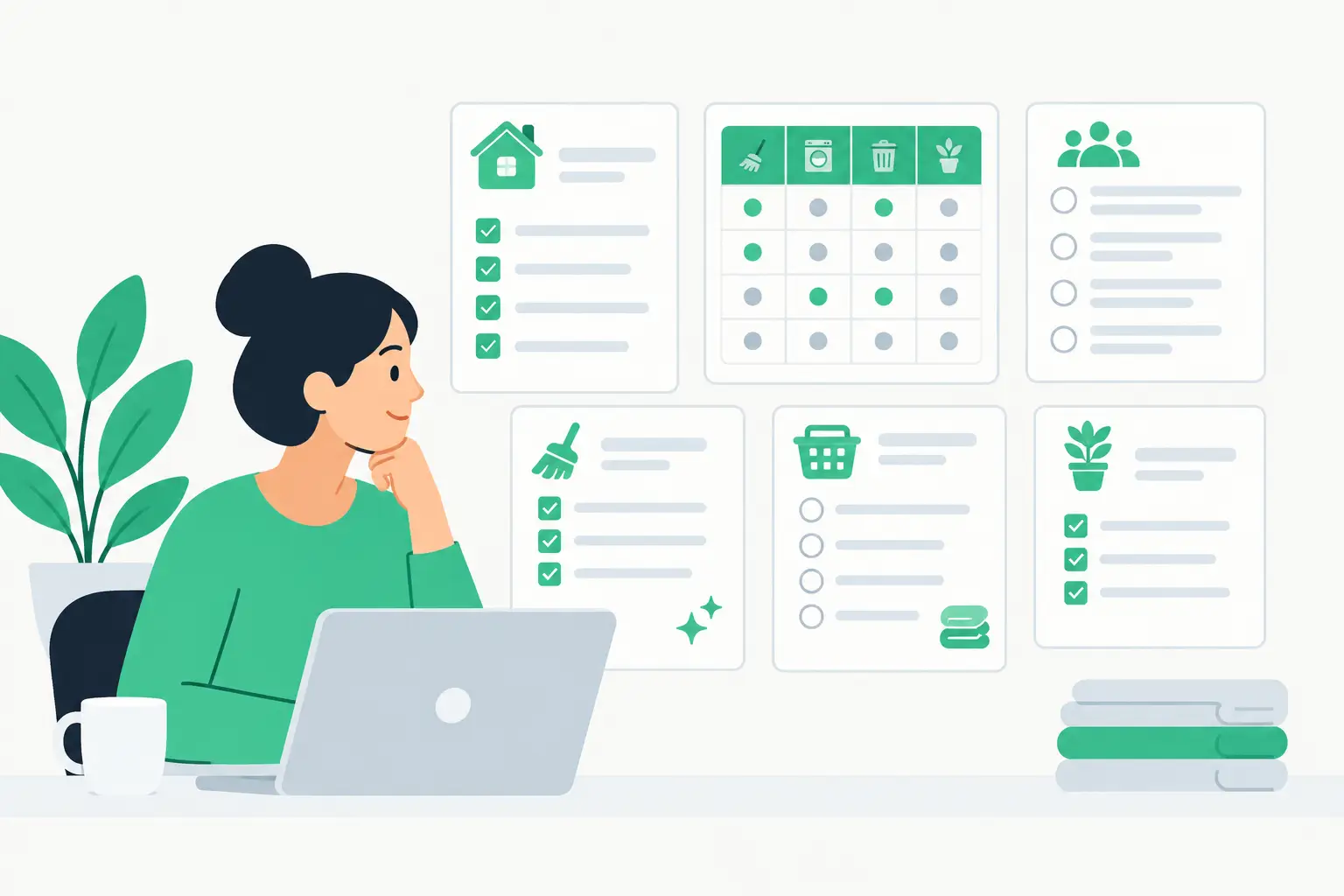 Household task template options laid out as a shared chore planner on a kitchen table