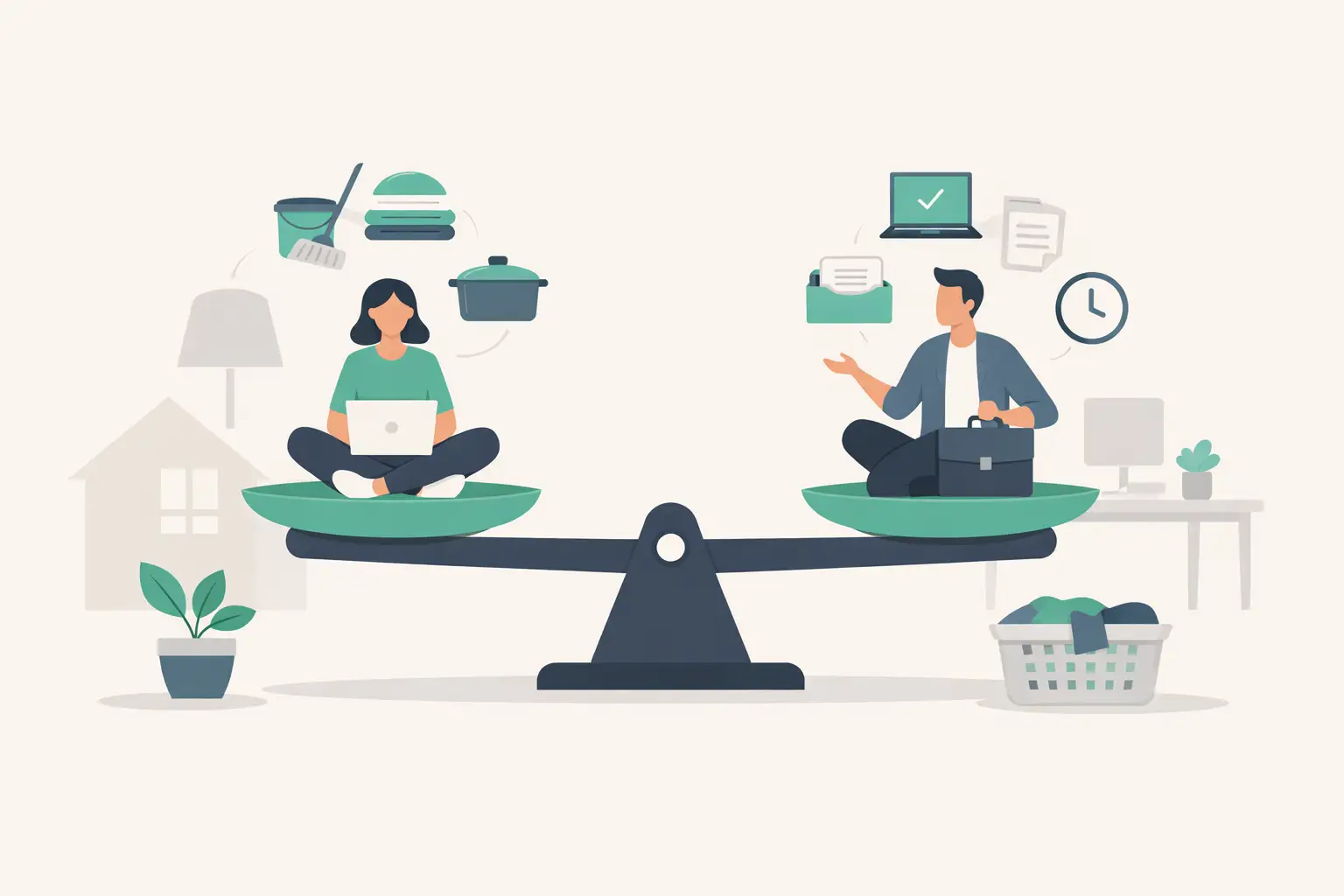 Household members balancing workload with shared responsibilities and visible tasks