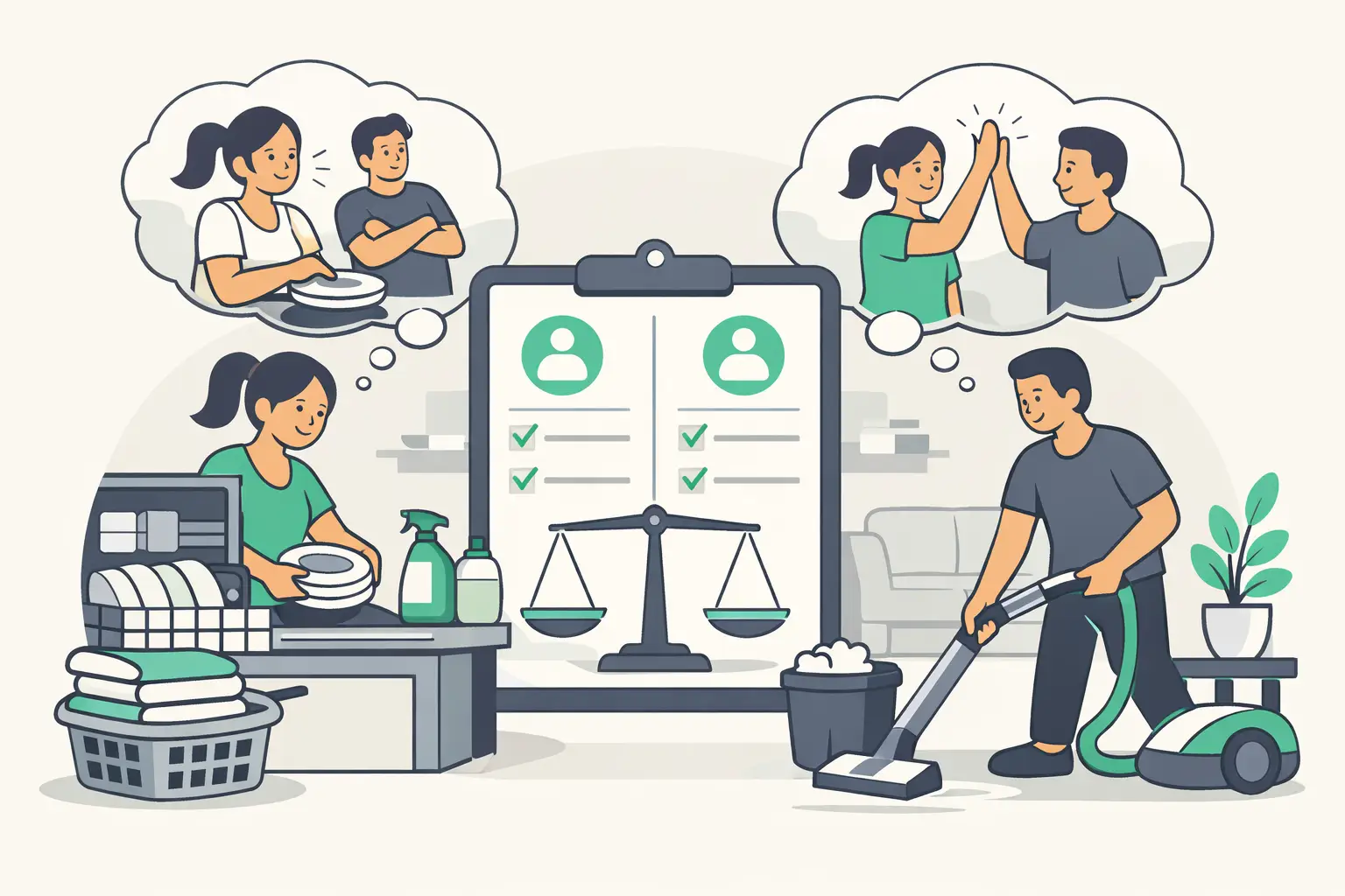 Household members preventing chore resentment with visible shared tasks