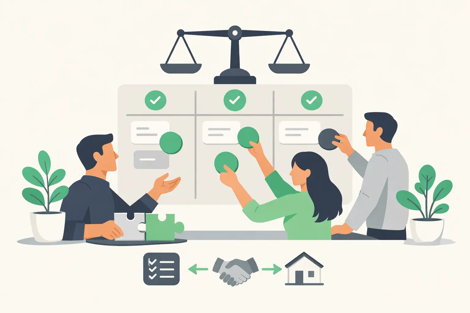 A group calmly reviewing shared responsibilities and a fair split of recurring work