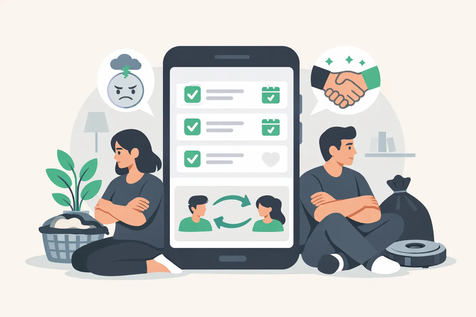 People using a recurring chores app to rotate shared tasks fairly