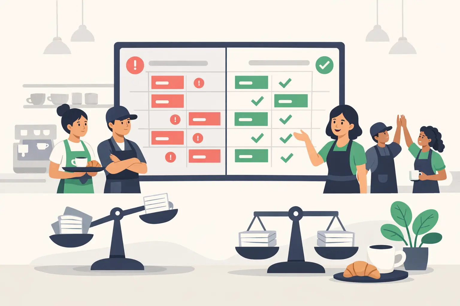 Café staff reviewing a fair shift rotation to reduce unfair shifts