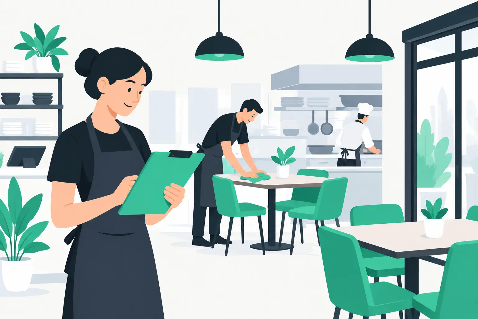 Restaurant team completing a timed opening checklist before service