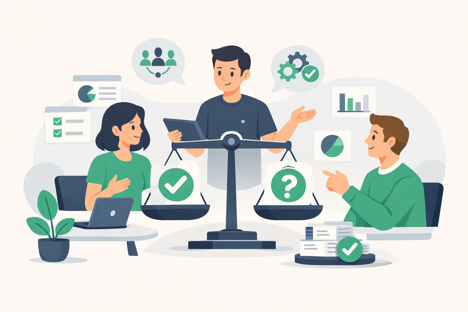 Small team reviewing fairness metrics for shared work
